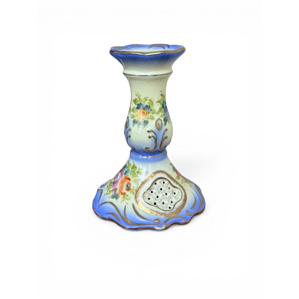 Vintage Hand-Painted Porcelain Candle Holder | Blue Floral w/ Gold Accents