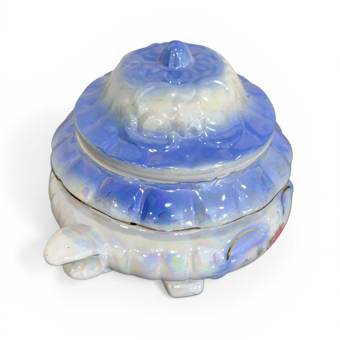 Iridescent Blue Lidded Dish / Footed Trinket Bowl