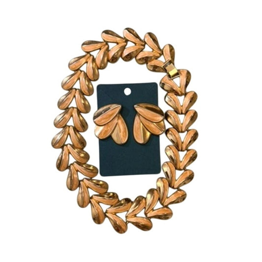 Vintage Gold Tone Leaf Necklace & Earrings Set | 80's Jewelry Set