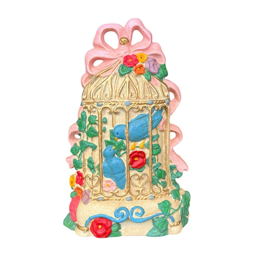 Vintage 1980's Cast Iron Birdcage Doorstop – Floral Pastel Cottagecore Decor