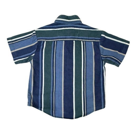 Vintage Tripod Kids Striped Button Up Size 4 Blue Green 100% Cotton Preppy Shirt